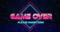 Retro Game over text glitching over blue and red squares on white hyperspace effect