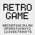 Retro game pixel art font. Pixelated text alphabet letters and numbers, one pixel typography style vector set Royalty Free Stock Photo