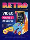 Retro game poster. Vintage gaming gadgets party invitation placard in retro style recent vector template with place for