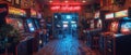 Retro game room with vintage arcade machines and a neon sign Royalty Free Stock Photo