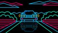 Retro game 80s style neon car rides on the road