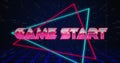 Retro Game Start text glitching over blue and red triangles on white hyperspace effect