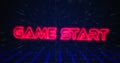 Retro Game Start text glitching over blue and red triangles on white hyperspace effect