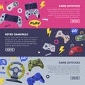 Retro Gamepads Landing Page Templates Design Set, Game Joystick Horizontal Banners with Space for Text and Console Game