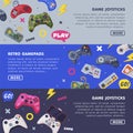 Retro Gamepads Web Banners Set, Game Joystick Landing Page Templates Design Vector Illustration