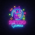 Retro Games Vector Logo. Retro geek gaming gamepad in hand neon sign, modern trend design, vivid vector illustration