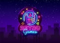 Retro Games Vector Logo. Retro geek gaming gamepad in hand neon sign, modern trend design, vivid vector illustration Royalty Free Stock Photo