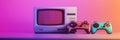 Retro gaming console and controllers placed on table with colorful lighting in a nostalgic gaming setup. Generative AI