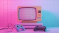 Retro gaming console displayed with colorful lighting in a nostalgic gaming setup. Generative AI