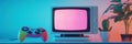 Retro gaming console illuminating a room with vibrant colors in a nostalgic setup. Generative AI