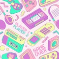 Retro gaming devices pattern. Seamless print of colorful gamepad controller, modern technology for party backdrop or Royalty Free Stock Photo