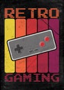 A RETRO GAMING graphic design illustration in a 1980`s or 1990`s style with colored stripes and generic gaming controller in the