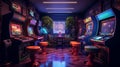 A retro gaming room with arcade cabinets and neon signs