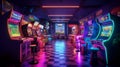 A retro gaming room with arcade cabinets and neon signs