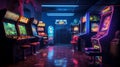 A retro gaming room with arcade cabinets and neon signs