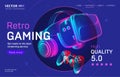 Retro gaming streaming service landing page template with VR helmet and gamepad. Outline vector illustration of headset and Royalty Free Stock Photo