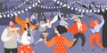 Retro garden party with people dancing and drinking wine. Cartoon characters having fun in the park at night