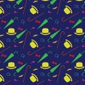 Retro gentleman elements - bowler, moustache, tobacco pipe monocle, cane and umbrella seamless pattern