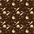 Retro gentleman elements - bowler, moustache, tobacco pipe monocle, cane and umbrella seamless pattern