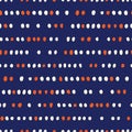 Retro Geo Dotted Stripes Vector Seamless Pattern. Ditsy Modern Abstract White and Orange Dots on Indigo Background