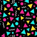 Retro geometric pattern design with colorful shapes on black background Royalty Free Stock Photo