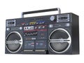 Retro ghetto blaster boombox, radio and audio tape recorder isolated on white