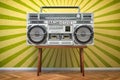 Retro ghetto blaster boombox, radio and audio tape recorder on vintage background