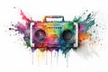 Retro ghetto blaster isolated on white with rainbow watercolor splash. Neural network AI generated