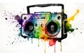 Retro ghetto blaster isolated on white with rainbow watercolor splash. Neural network AI generated