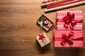 Retro gift wrapping, xmas concept, desk view from above with copy space