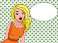Retro girl in comic style. Says a bubble for text. Background pop art. Colored picture raster