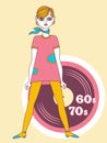 Retro girl 60`s. Vector young woman twiggy style wearing in fashion short retro pink dress on yellow background for print or desi