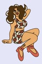 Retro girl. Young woman in bikini decorated with roses and in red sandals. Royalty Free Stock Photo