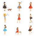 Retro girls characters set, beautiful young women wearing vintage dresses colorful vector Illustrations