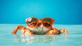 Retro Glamor: Crab With Sunglasses Floating In Water On Blue Background