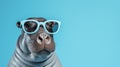 Retro Glamor: Hippopotamus With Sunglasses On Blue Background