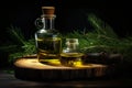 Retro glass bottle with spruce oil and fir branches standing on wooden table on black background
