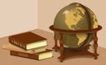 Retro globe and stack of books. Learning and travel concept in vintage style isolated on white background Royalty Free Stock Photo