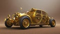 Retro gold car fantastic design in steampunk style with golden mechanical parts details. Generative Ai