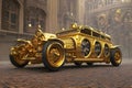 Retro gold car fantastic design in steampunk style with golden mechanical parts details. Generative Ai