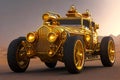 Retro gold car fantastic design in steampunk style with golden mechanical parts details. Generative Ai