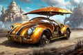 Retro gold car fantastic design in steampunk style with golden mechanical parts details. Generative Ai