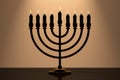 Retro Golden Hanukkah Menorah with Burning Candles on a Wooden Table with Backlight over Wall in Dark Room. 3d Rendering Royalty Free Stock Photo