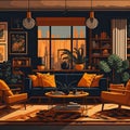 Retro-grade Style, Modern Living Room Interior Design in 2D Perspective for Hotels and Condominiums