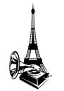 retro gramophone record player and eiffel tower black and white vector outline Royalty Free Stock Photo