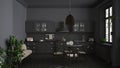 Retro gray vintage kitchen with terrazzo marble floor and panoramic windows, dining room, round table with wooden chairs, potted