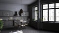 Retro gray vintage kitchen with terrazzo marble floor and panoramic windows, dining room, round table with wooden chairs, potted