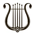 Retro Greek lyre with strings. Musical instrument icon isolated on white background