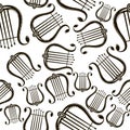 Retro Greek lyre with strings. Musical instrument icon seamless pattern isolated on white background