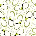 Retro green and black sandals and bottles with bubbles and corkscrews. Seamless vector pattern on light cream background